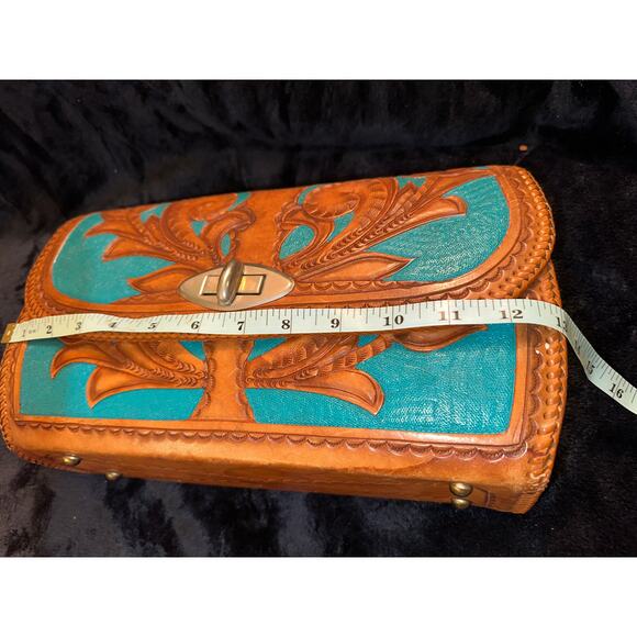 VINTAGE UNIQUE TURQUOISE LARGE WESTERN TOOLED LEATHER BAG! - Picture 6 of 11